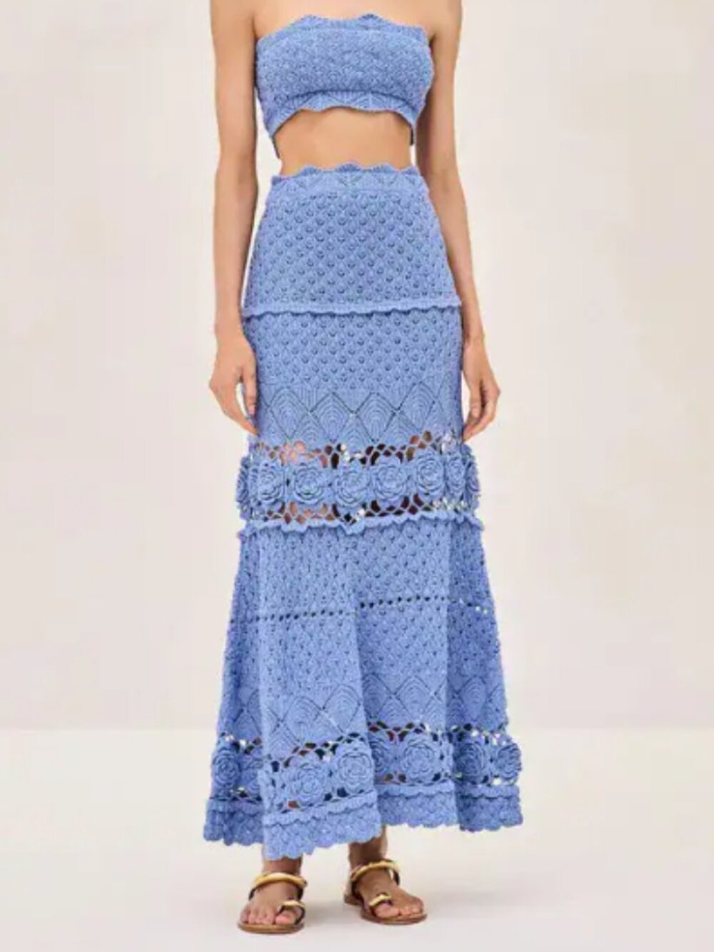 NWT Alexis Blue Crochet 3 Piece Set - Vosen Shrug - Lily Top M - Jana Skirt L